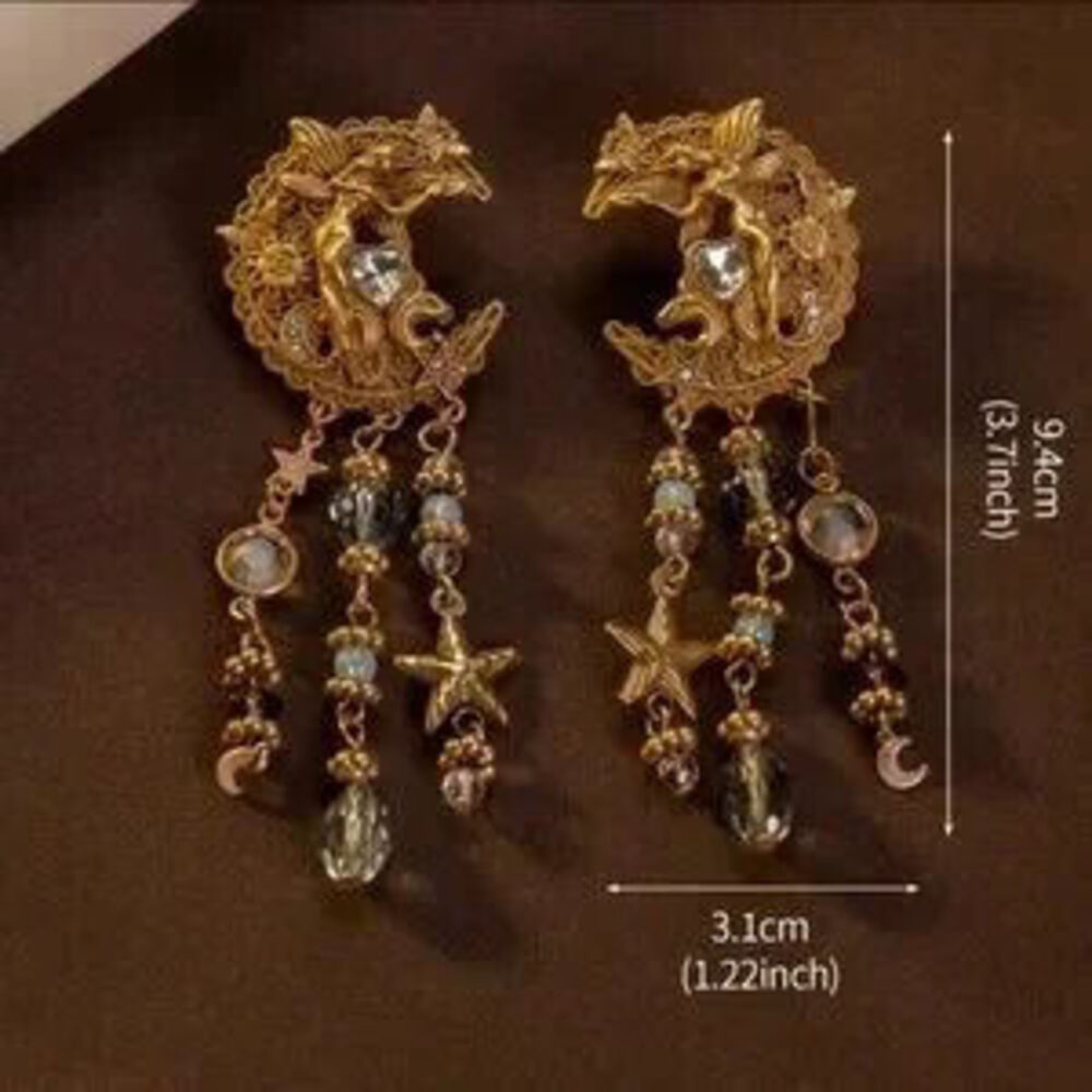 Vintage Antique Victorian Celestial Moon Dragon Earrings Y2K Minimalist - Picture 2 of 5